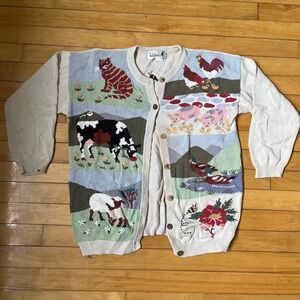 Vintage Tulchan Novelty Cardigan Sweater Cream Multicolor Medium